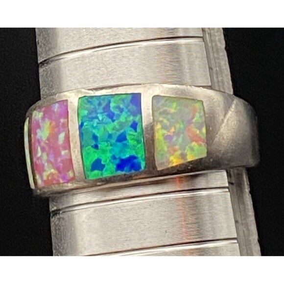 Genuine Blue Pink Opal Ring Wide 4 Windows Ster Silver 925 3.8g Unisex Sz 8.75 - Picture 11 of 13